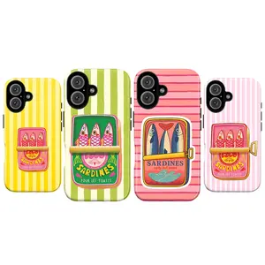 Retro Sardines Phone Case – Cute Colorful Canned Fish Illustration Cover with Pastel Stripes for iPhone 17 16 15 14 13 12 11 Pro Max X XS & Samsung Galaxy S21–S25 Plus Ultra| Whimsical Vintage Food Art Gift for Her Him