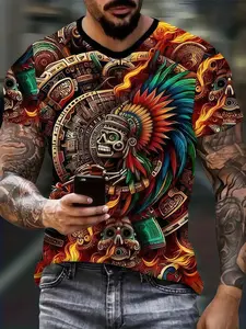 Men's Summer Casual Streetwear Creative Fashion 3D Digital Print T-Shirt, Casual Style Tee, Sporty Long Sleeve Fitted Tee, Ethnic Striped Geometric Design, All Seasons Wear
