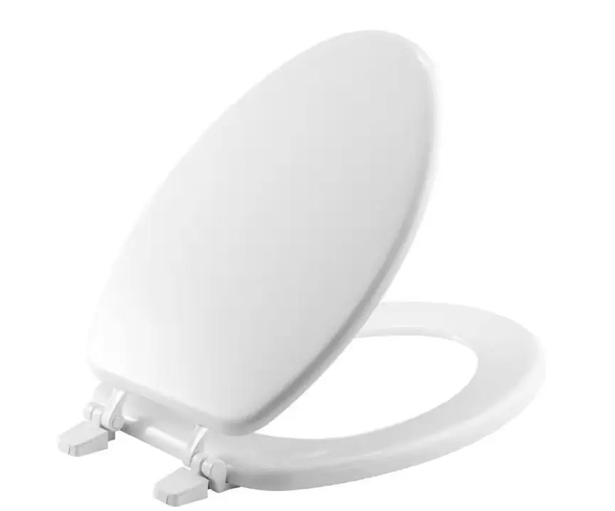 White Enameled Wood Elongated Closed-Front Toilet Seat with Lid, High-Gloss Finish, Modern Design, Universal Fit, Color-Matched Bumpers & Hinges, Stretchable Toilet Accessories Cover, All-Seasons Bathroom Home Supply