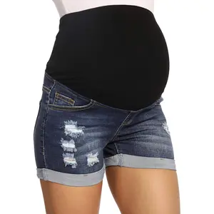 Maternity Denim Shorts Women's Summer High Waist Distressed Cuffed Hem Casual Denim Jean Shorts