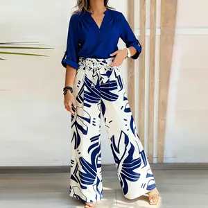 ChicMe Women's 2 Piece Outfit Stand Collar Long Sleeve Blouse and Casual Floral Print Wide Leg Pants Set with Pockets