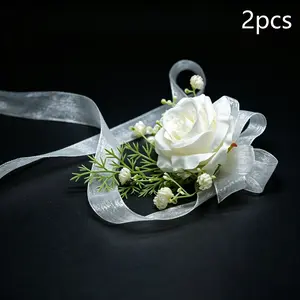 2Pcs Matching White Rose Wrist Corsage Set for Bride and Groom Artificial Hand Flower Wristband Wedding Prom Party Decor