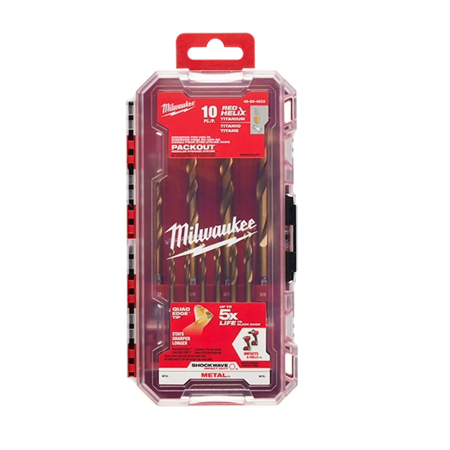 Milwaukee 48-89-4633 SHOCKWAVE Impact Duty RED HELIX Titanium Drill Bit Set, 10PC Durable High Performance Long Life Quad Edge Variable Helix Power Tool Accessory