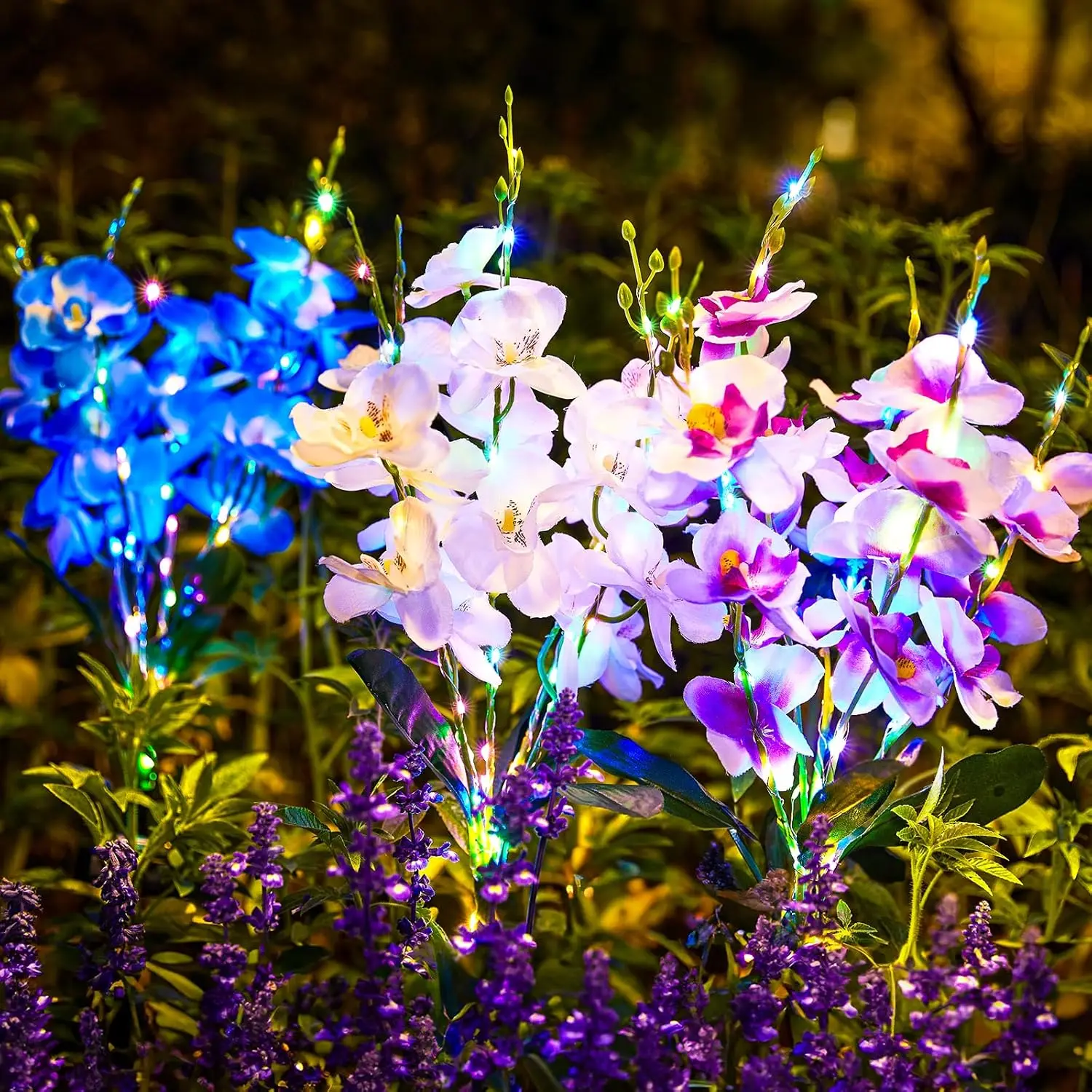 KOOPER Solar Lights Outdoor Garden, 3PCS Upgraded Phalaenopsis Solar Flower Lights Outdoor with 180 LEDs, Multi-Color Grave Decorations for Cemetery, Outdoor Solar Lights for Yard, Gifts for Women