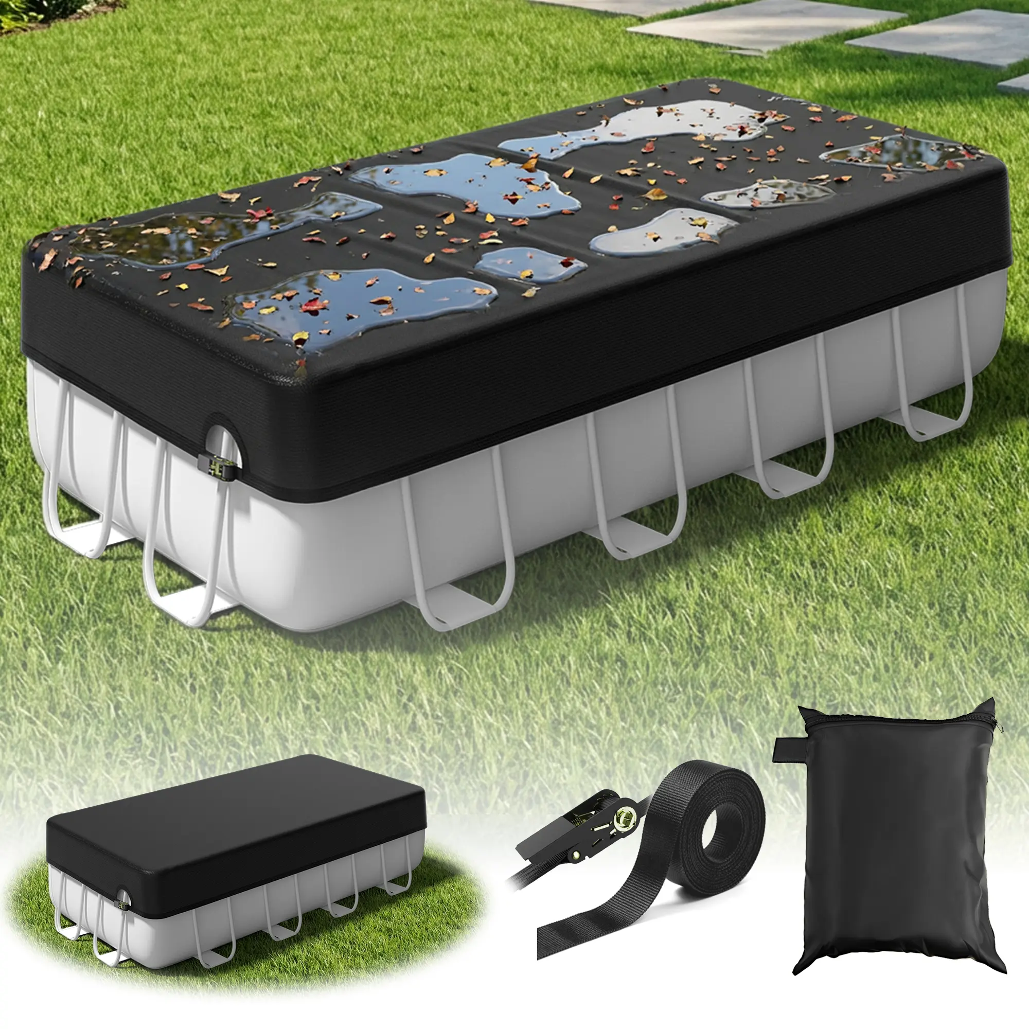 Upgraded 14*28FT Rectangular Pool Cover, Sunshade Cover, Waterproof Solar Cover, Fits Above-Ground Rectangular Pools, Heavy-Duty Mechanical Latch, Windproof & Storm-Resistant inflatable
