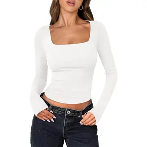 Women Double Lined Long Sleeve Crop Tops Shirts Square Neck Tight Fitted Going Out T-Shirt Basic Tee Outfits 2025