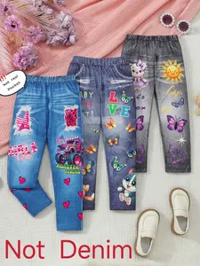 Girls' 3-Pack Stretchy Denim-Look Pants: Patriotic Cars, Cute Cats, Butterfly Bears & Sun Prints! Easy Waistband, Outdoor & Bike Riding, Gift