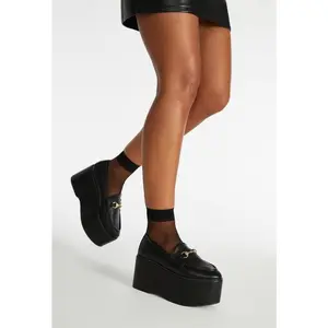 JUST FAB Women's Platform Loafers 3.75" Chunky Heel Horsebit Slip-On Shoes for Streetwear & Edgy Fashion Stylish, Elegant, Comfortable Slip-On Fashion Shoe for Work, Office Business