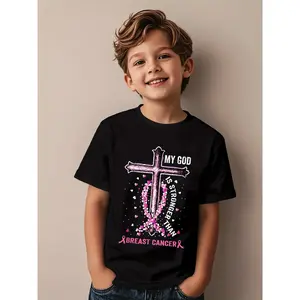 My God Is Stronger Than Breast Cancer Christian Faith T-Shirt - Pink Cross & Inspirational Bible Verse Design, Short Sleeve Round Neck Casual Top for Boys & Girls, Cancer Awareness Apparel, Comfortable Casual Attire, Easy-Care Faith-Based Clothing (3-13Y)