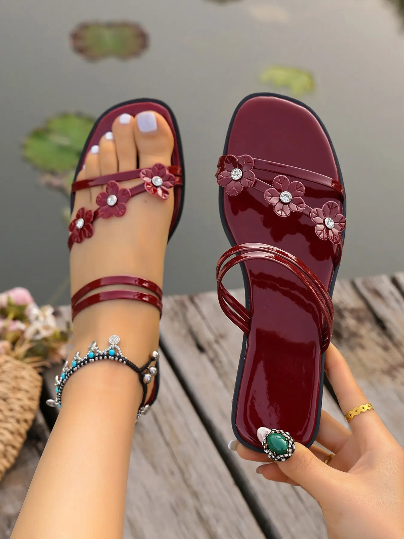 2026 Glossy PU Leather Bohemian Sandals, Floral Design Sandals, Rhinestone Flower Design, Dual Strap, Square Toe, Comfortable Anti-Slip, Spring Summer Essential