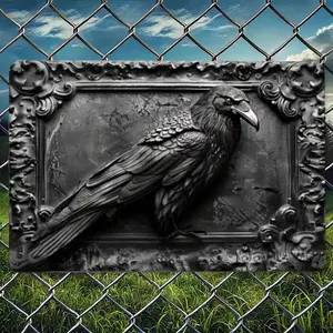 Gothic Raven Tin Sign Sleeve Tee Metal Sign Crow Vintage Bird Print Black Crow Wall Art Distressed Metal Sign