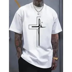 Cotton Short Sleeve  T-Shirt Men'S Summer Casual Sports T-Shirt with Religious Cross Print, Polyester 100%, Crew Neck, Short Sleeve, Geometric Pattern, Rib-Knit, Slight Stretch, Loose Fit, 160gsm Knit Fabric - Apparel, Plus Size