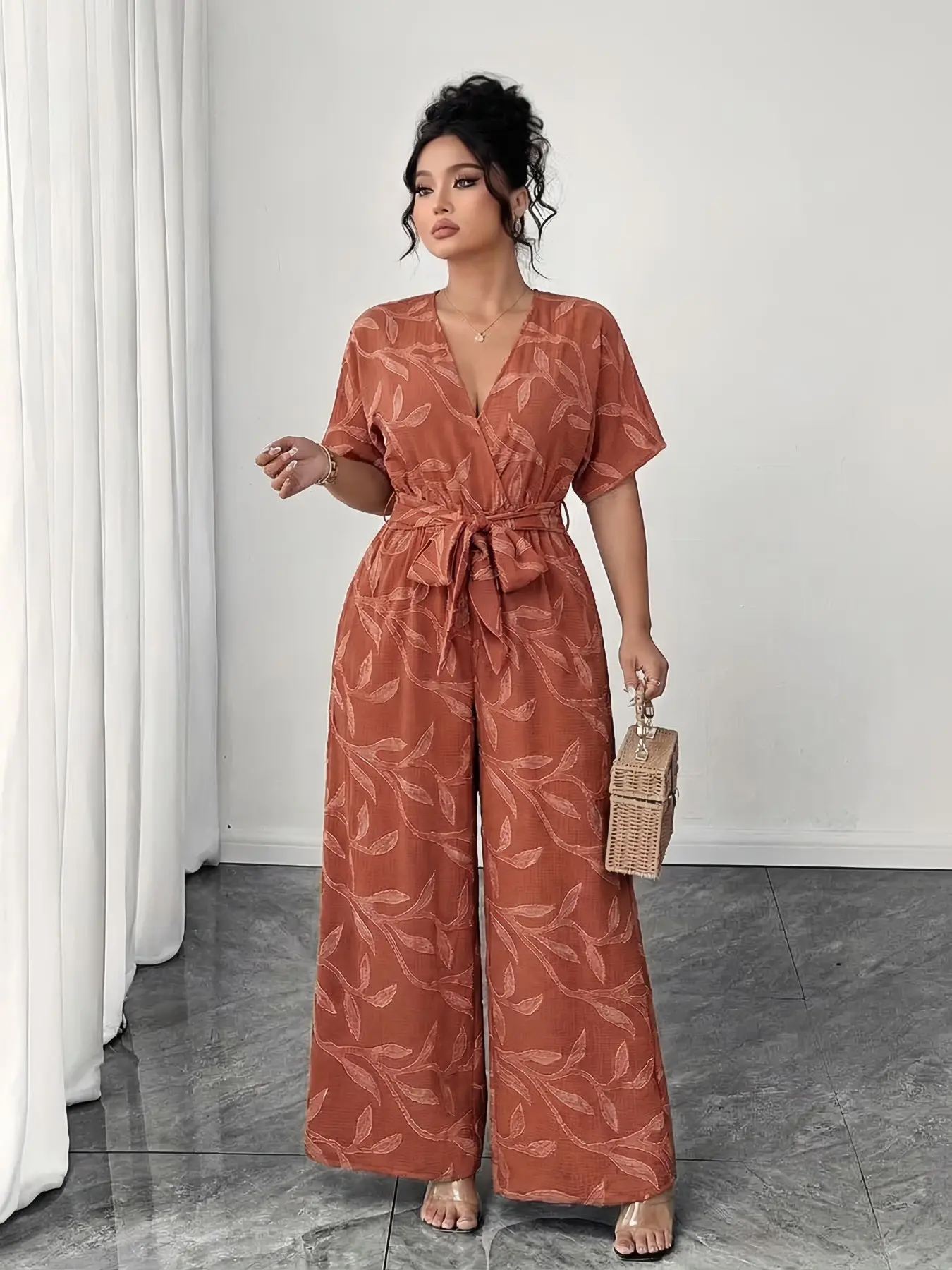 Plus Size Women's V Neck Short Batwing Sleeve Long Jumpsuit, Print Jumpsuit, Overalls, Textured Fabric, High Waist, Elegant Split, Chic, All Seasons, Casual Summer & Outdoor Wear, Casual Summer Jumpsuit