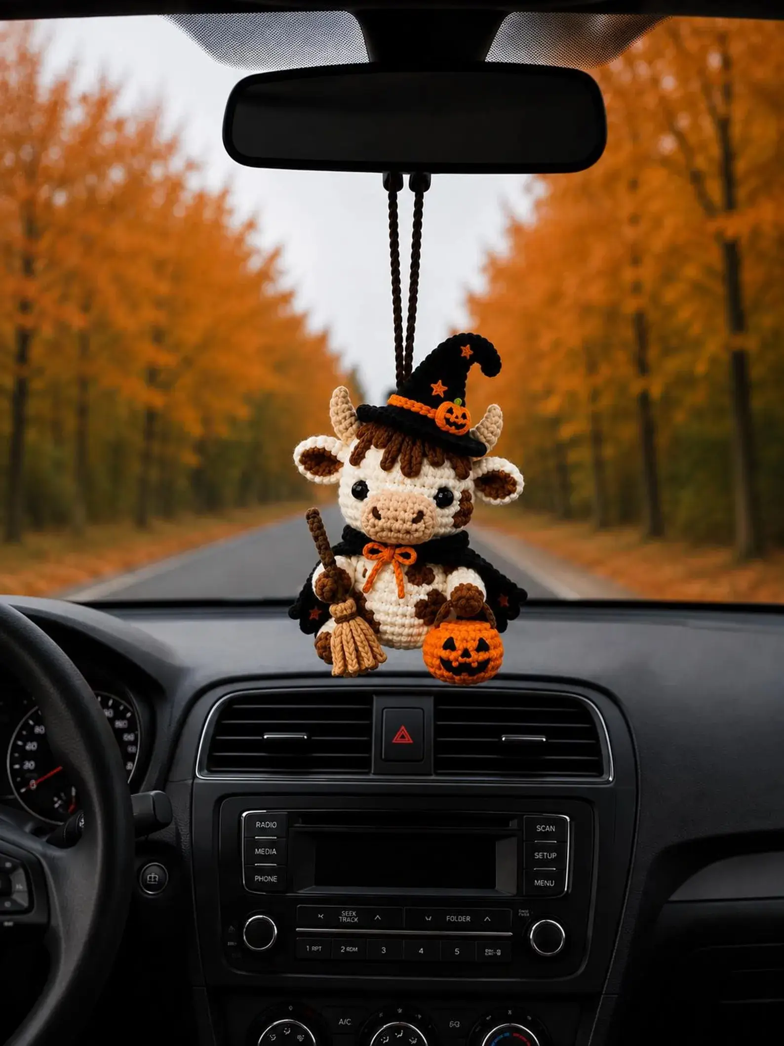 Handmade Crochet Halloween Highland Cow Car Hanging, Spooky Cow Ornament, Amigurumi Decor