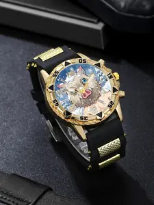 Ghost Slayer Trendy Gold Sporty Watch, Student Analog Quartz Watch, Perfect Gift for Daily Parties, Back-To-School, Anime Cosplay