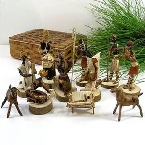 212 MAIN Handmade Traditional Banana Fiber Nativity Statue Set - Tropical Design Home Decor Accessory, Festive Ornaments with Box, 5in Tallest for Room Use