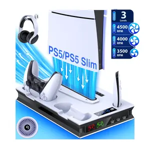ESYWEN PS5 Stand and Cooling Station with 3 Cooling Fan Speeds, Headset holder, 2 Controller Charger, for PS5 Accessories Disc/Digital/Slim Console