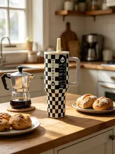 HydroJug Traveler 40 oz Vacuum-InsulatedTumbler, Black and White CheckerboardPattern, Portable Kitc summervibes☀️