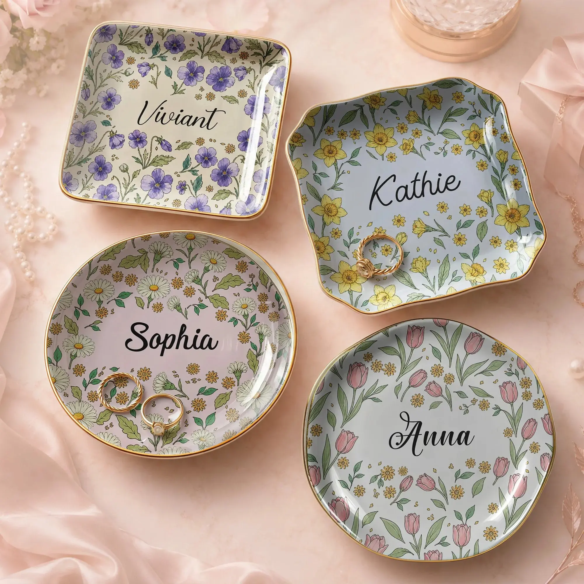 [Made-to-Order] Floral Ceramic Trinket Dish Personalized Ring Holder Custom Jewelry Catchall Vanity Tray Gift for Her AST-8113-6430
