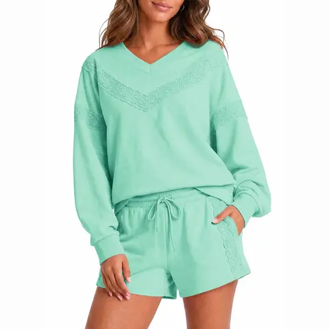 Women's 2-Piece Lace Patchwork V-Neck Loungewear Set - Lightweight Long-Sleeve Oversized Top, Elastic Drawstring Comfortable Shorts, Matching Elegant Casual Outfit (Fisoew)