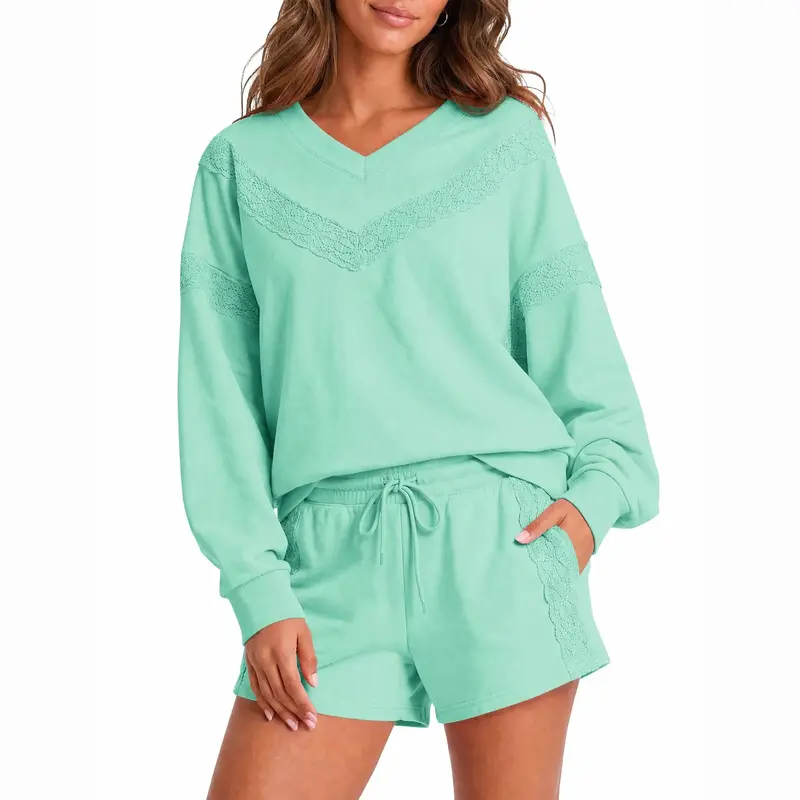 Women's 2-Piece Lace Patchwork V-Neck Loungewear Set - Lightweight Long-Sleeve Oversized Top, Elastic Drawstring Comfortable Shorts, Matching Elegant Casual Outfit (Fisoew)
