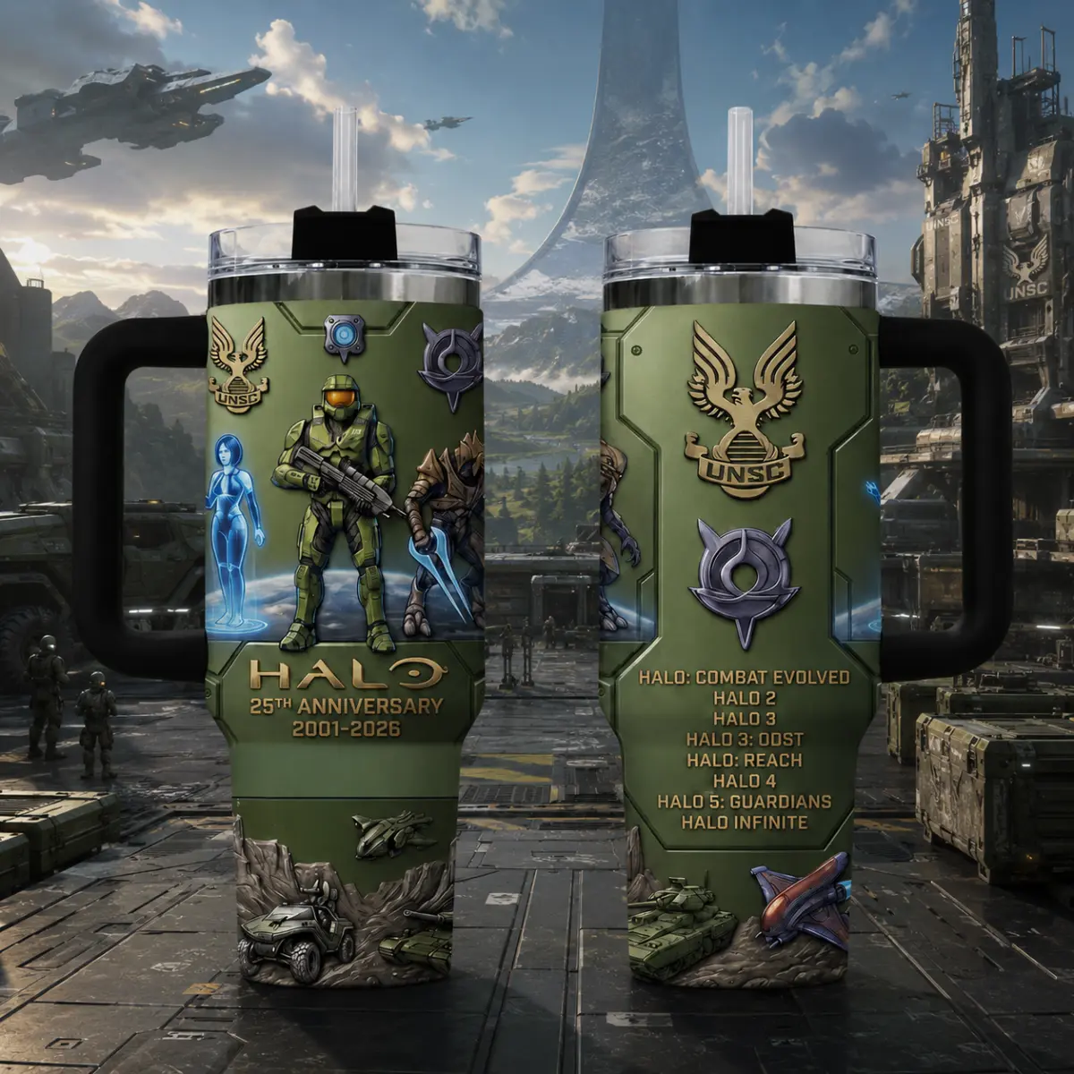Halo 25th Anniversary Tumbler with Handle, Master Chief 40oz Insulated Travel Mug, UNSC Cortana Arbiter Game Timeline Design, Stainless Steel Coffee Cup Reusable Lid Lover, Sci-Fi Gaming Merchandise gift bottle drinkware flask