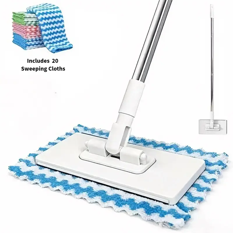 Mini Sweeper Mop Reusable Clamp Mop with Stainless Steel Handle 1 Second Installation Flat Dust Mops for House Wall Bathroom Windows Corners Includes 20 Sweeping Cloths