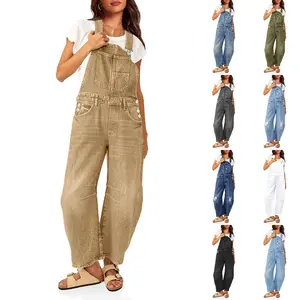 Beotyshow Womens Denim Bib Overalls Barrel Leg Adjustable Strap Jean Pants Jumpsuits with Pockets