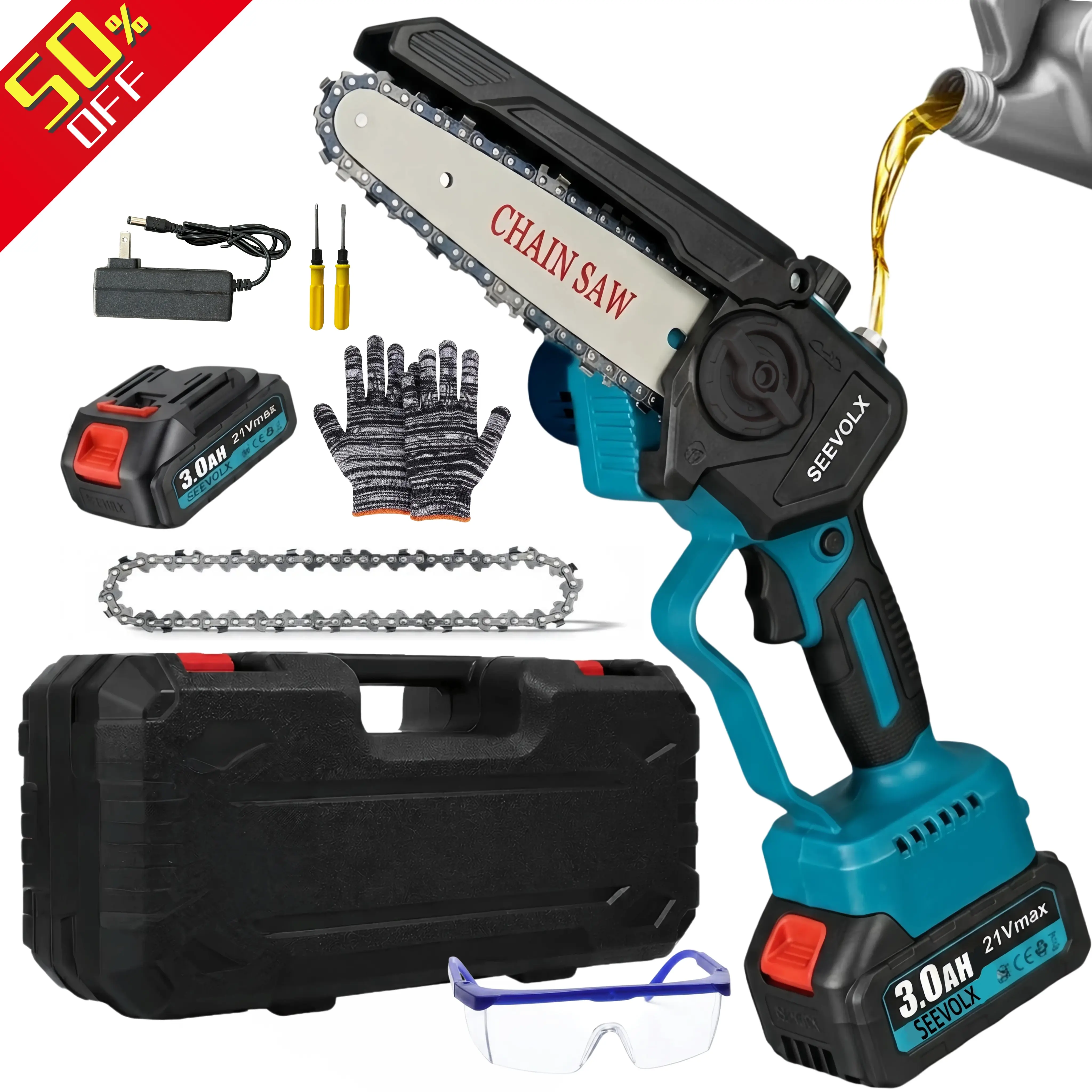 【Weekly Deals】SEEVOLX 6 Inch Brushless Mini Chainsaw, New for 2026, Cordless Battery Powered, Hand Held Saw with Automatic Oiling System,  Portable Cordless Electric Chain Saw for Wood/Trees Trimming, Gardening & Camping, Suitable for Seniors & Women