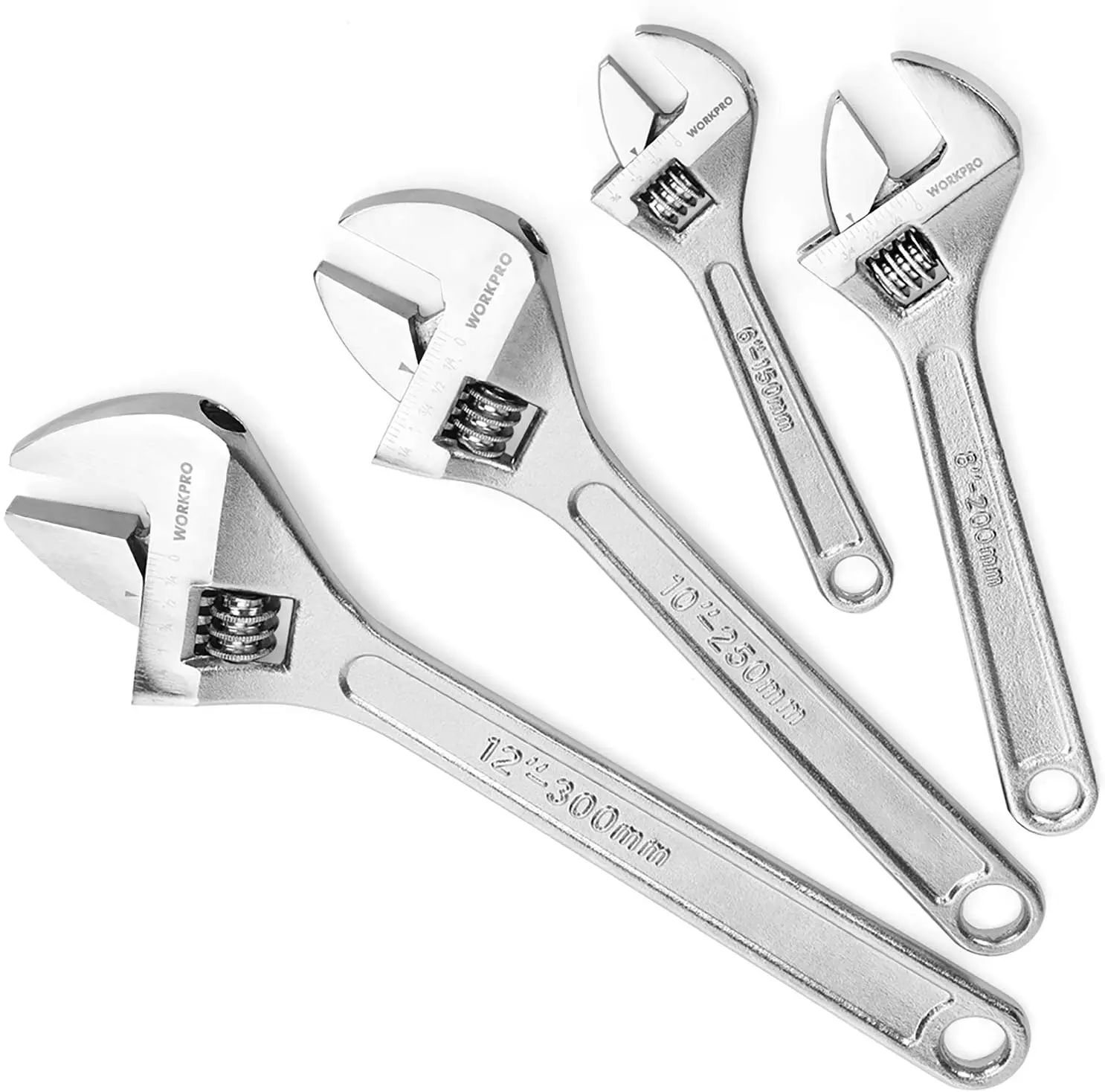 #backtoschool WORKPRO 4-Count Adjustable Wrench Set, Forged, Heat Treated, Chrome-plated (6, 8, 10, 12-inch)