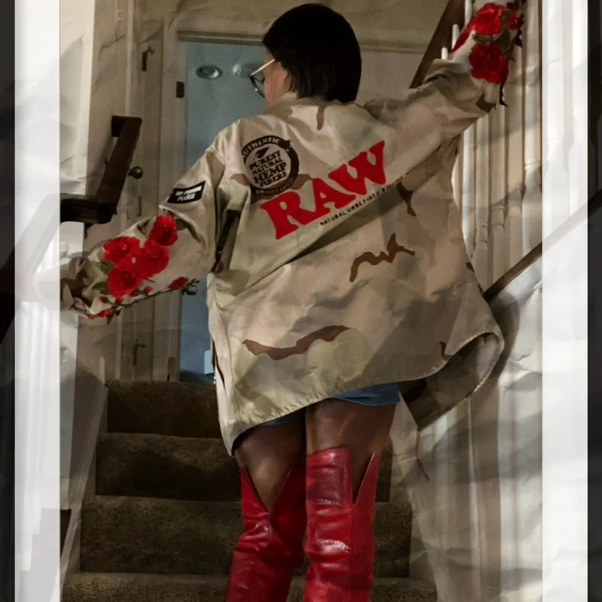 Raw and Roses Upcycled Army Jacket with Rhinestones Custom design One-of-One