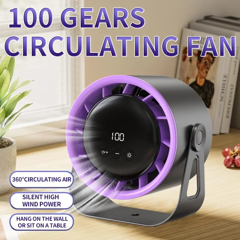 Powerful Digital Circulating Fan, 360° Adjustable Bedside/table Fan, Multifunctional Fan, Rechargeable with Ambient Night Light, 100 Speeds, Wall-Mountable