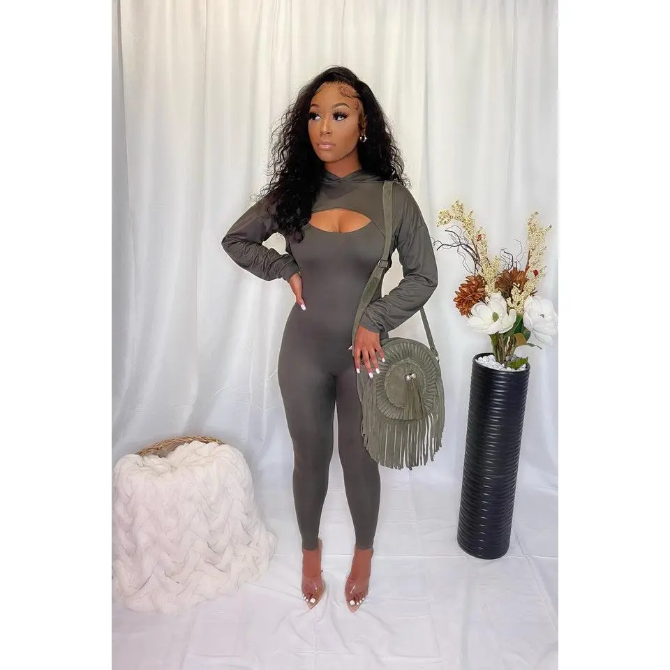 Two Piece Olive Cropped Hoodie Jumpsuit
