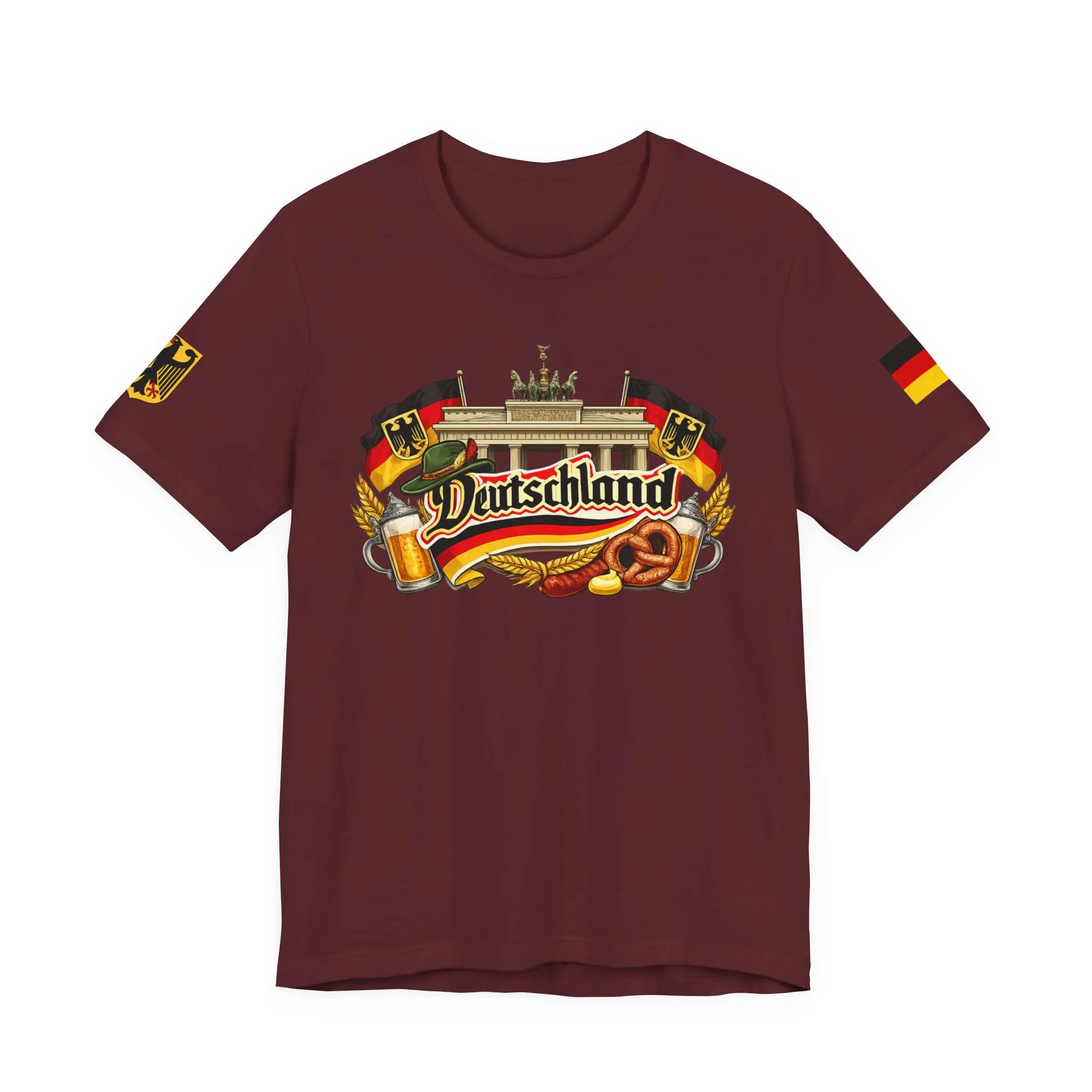 Deutschland/Germany crest graphic Tee | German flag, pretzel, beer, Brandenburg Gate