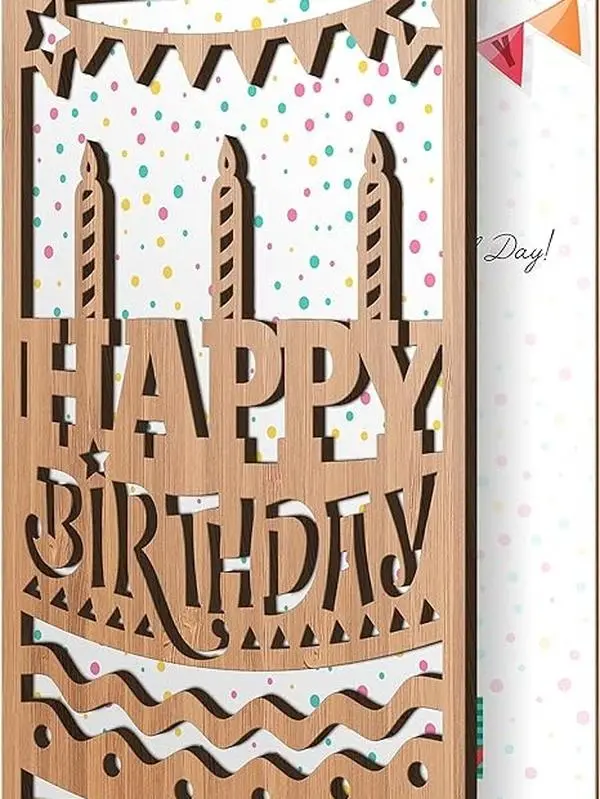 | Happy Birthday Card | Handmade Sustainable Bamboo Birthday Card | Unique Birthday Cards for Women, Men, Husband, Wife, Dad, Mom, Son | Unique Wooden Keepsake | Birthday Cake & Candles