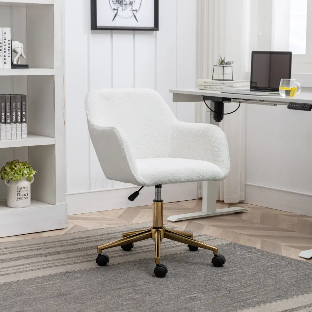 Modern White Office Chair - Soft Teddy Fabric with Foam, Durable Gold Metal Legs, 360° Swivel Wheels, Adjustable Height, 24.8x22.8x33.8", Easy Assembly Required, 16.4 lbs, for Indoor Living Space & Commercial Furniture