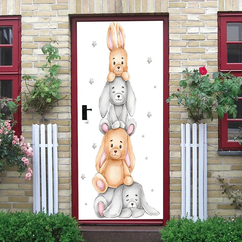 2pcs Cute Cartoon Rabbit Stacking Wall Stickers Self Adhesive Removable PVC Wall Decor for Kids Bedroom Nursery Kindergarten Baby Room Decoration Animal Pattern Wall Decals Collage Self-Adhesive Door S