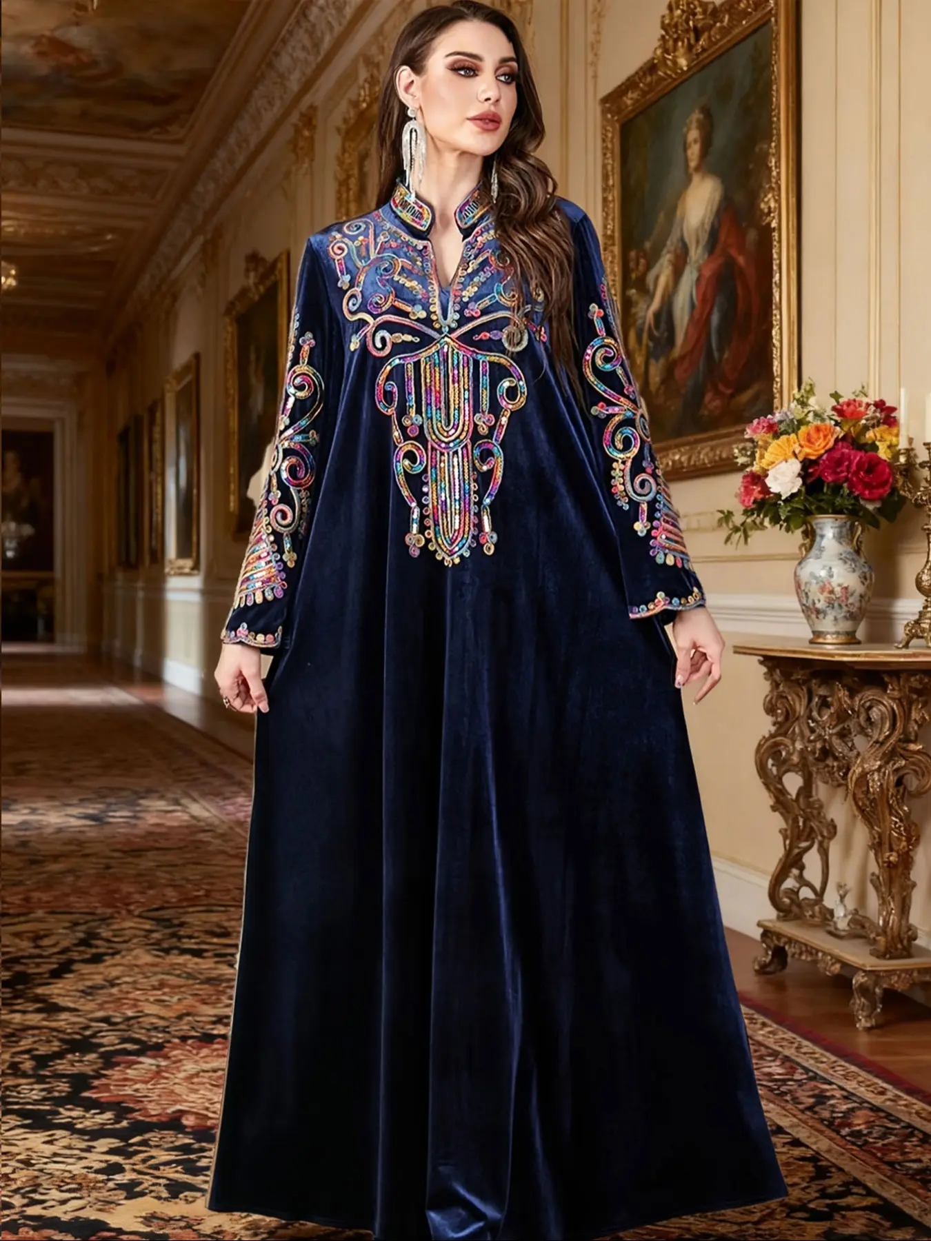 long sequin dress islamic Wholesale moroccan abaya dubai abaya abaya in dubai Tassels Qater Kaftan,2 Pieces