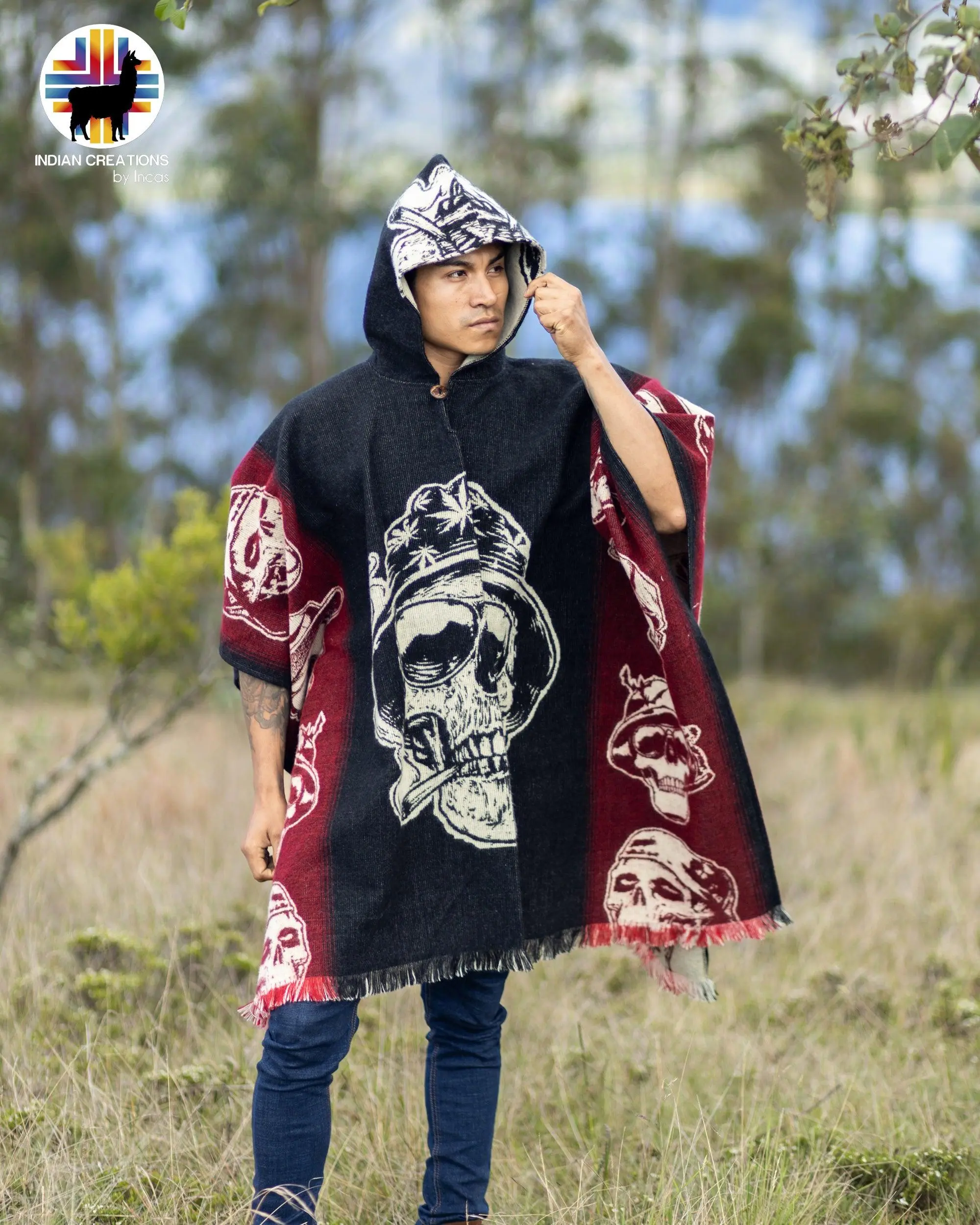Crazy Skull Alpaca Poncho - Black with Skull Design, Featuring Multiple Skull Patterns, Casual Style, Ideal for Layering