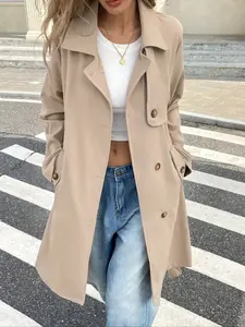 Women's Button Front Mid-Length Trench Coat, Casual Loose-Fit Woven Fabric, Perfect for Fall & Winter, Stylish Outerwear