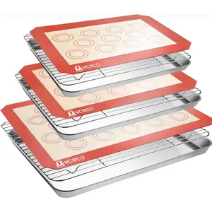 Steel Baking Sheet Tray Cooling Rack with Silicone Baking Mat Set, Cookie Pan with Cooling Rack, Set of 9 (3 Sheets + 3 Racks + 3 Mats), 10/12/16 Inch, Easy Clean