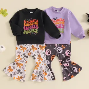 REDWOON Toddler Baby Girl Halloween Outfits Letter Print Crew Neck Sweatshirt Shirt Pumpkin Flare Pants 2PCS Halloween Clothes