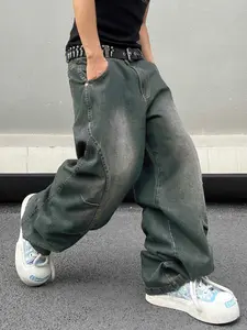 2026 New American Vintage Streetwear Street Style Loose Fit Wide Leg Jeans with Pocket, Micro Curved Blade Design, All Seasons Fashion Pants