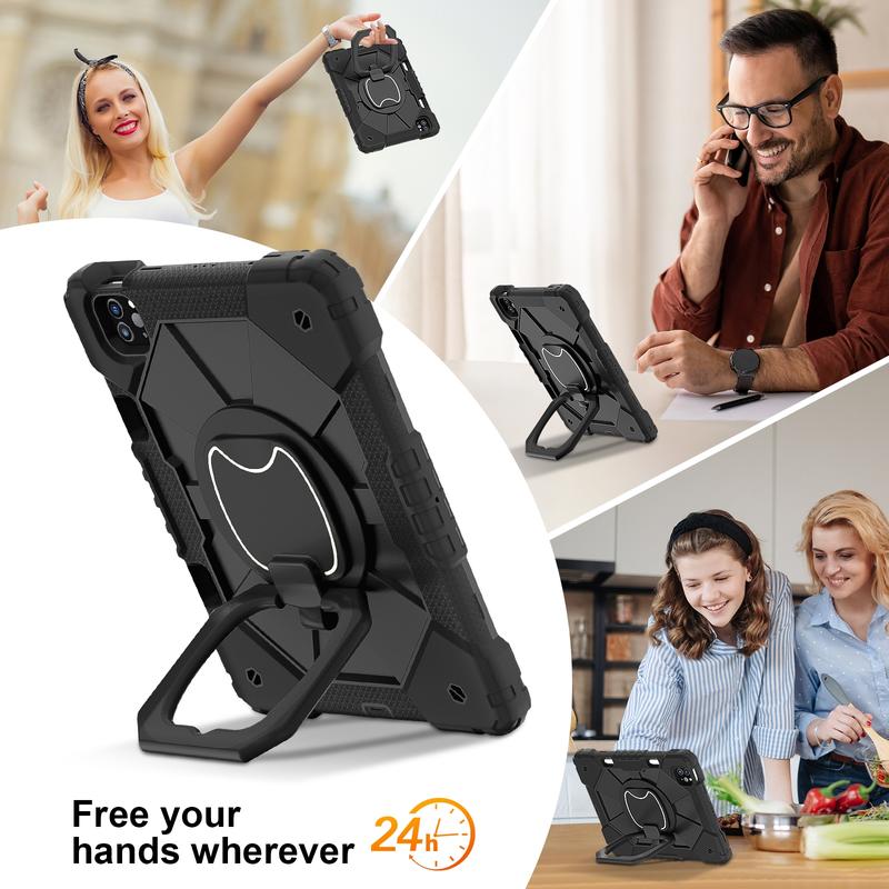 Military-Grade Shockproof Case for iPad Pro (M5) 2025 , Compatible with iPad (A16) 11th/10th / iPad Air / iPad Mini - Rotating Stand with  Pencil Holder & Shoulder Strap - Heavy Duty Drop-Proof Cover for Kids/Adults - Black