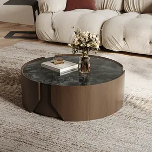 Black Faux Marble Round Wood Modern Coffee Table