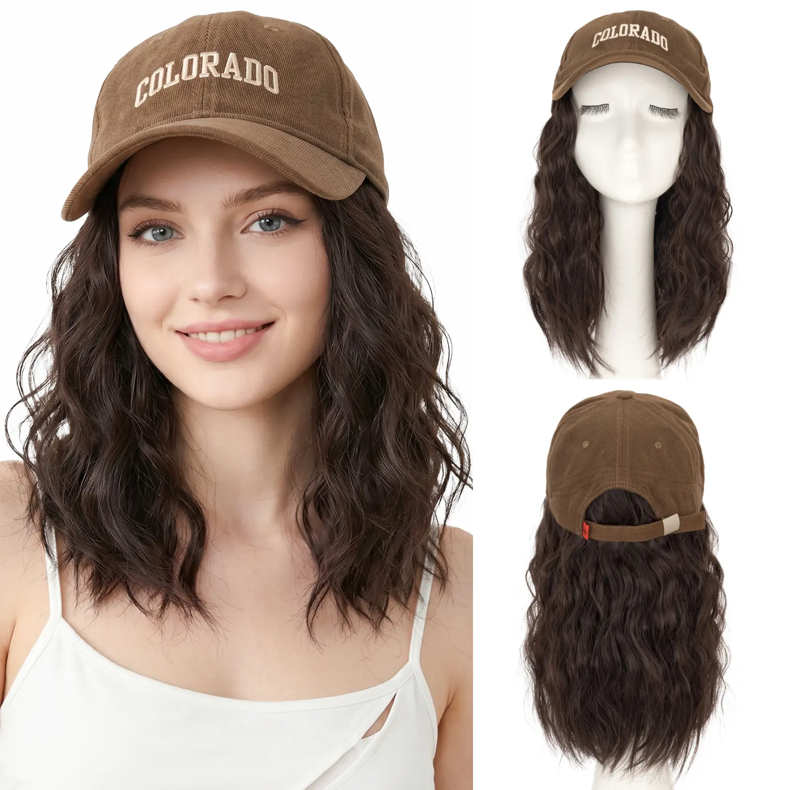 SEGOHAIR Brown Hat Wigs Baseball Cap with Heat Resistant Synthetic Short Wave Curly Hair Extensions 8 Inch Bob Hair for Women Throw and Go Adjustable Natural Looking Daily Wear Outdoor Sporty Breathable Glueless Wavy Short Hairpiece Fashion Travel Summer