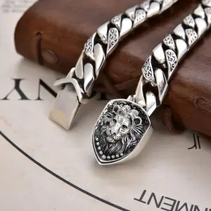 S925 Men's Punk Rock Lion Head Chain Bracelet - Heavy-Duty Cuban Link, Non-Magnetic Statement Necklace for Concerts, Everyday & Formal Events - Bold Masculine for Men, Evening Wear Accessory, Sophisticated Accessorizing money attraction jade resin