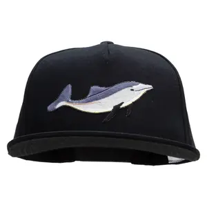 Embroidered Single Dolphin Patched 5 Panel Flat Bill Snapback Cap