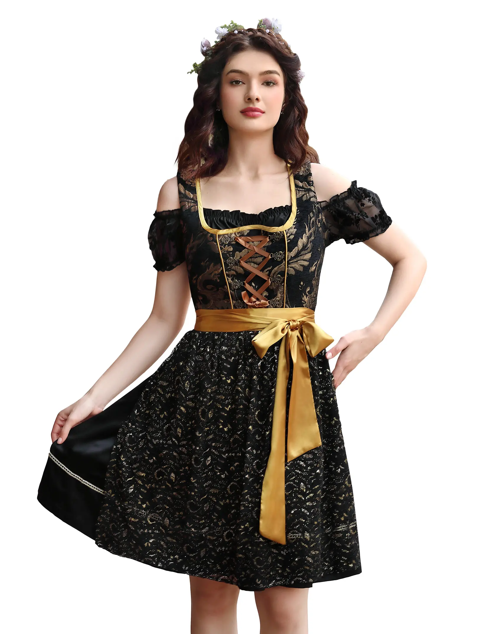 Traditional Dirndl Dress for Women, 3-Piece Vintage Floral Jacquard Costume with Square Neck Blouse for Oktoberfest, Halloween, Cosplay, Polyester, Spandex-DTY