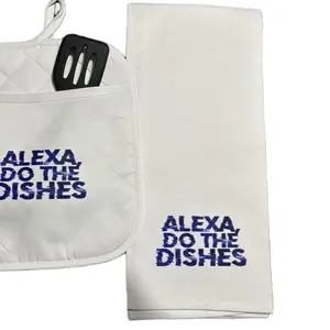 Kitchen Towel Set with "Alexa, Do The Dishes" Text, White Color, Includes Pot Holder and Towel